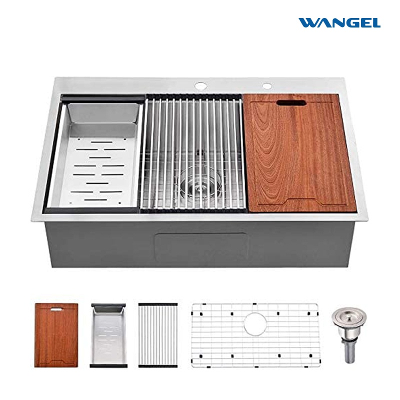 Wangel Drop-in Kitchen Sink, Handmade Topmount Workstation Kitchen Sink , R10 Corner Single Bowl Stainless Steel Kitchen Sink with Soap Dispenser Hole