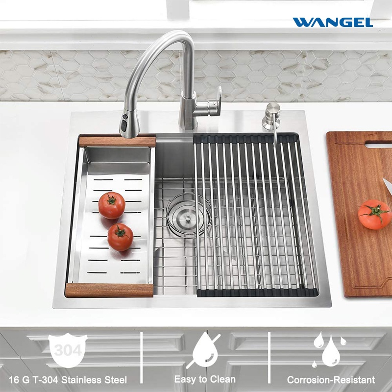 Wangel Drop in Kitchen Sink 304 Stainless Steel Handmade Single Faucet Hole Single Bowl Topmount Kitchen Sink, Brushed