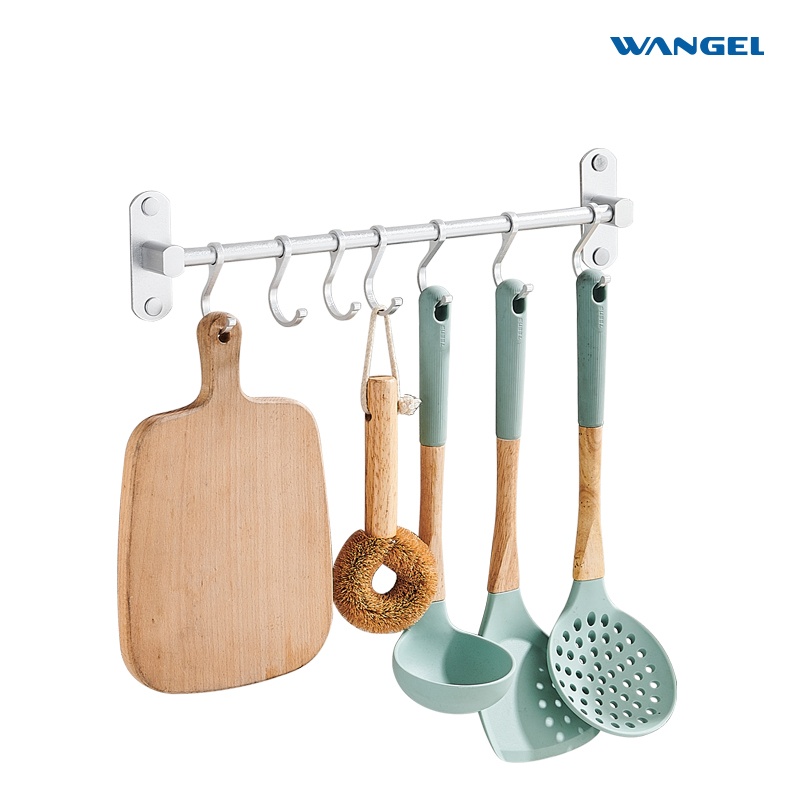 Wangel aluminum alloy kitchen bar wall bar 40cm adhesive hanging rod, used for kitchen utensils, with 6 hooks, for bathroom, bedroom, two installation options, silver