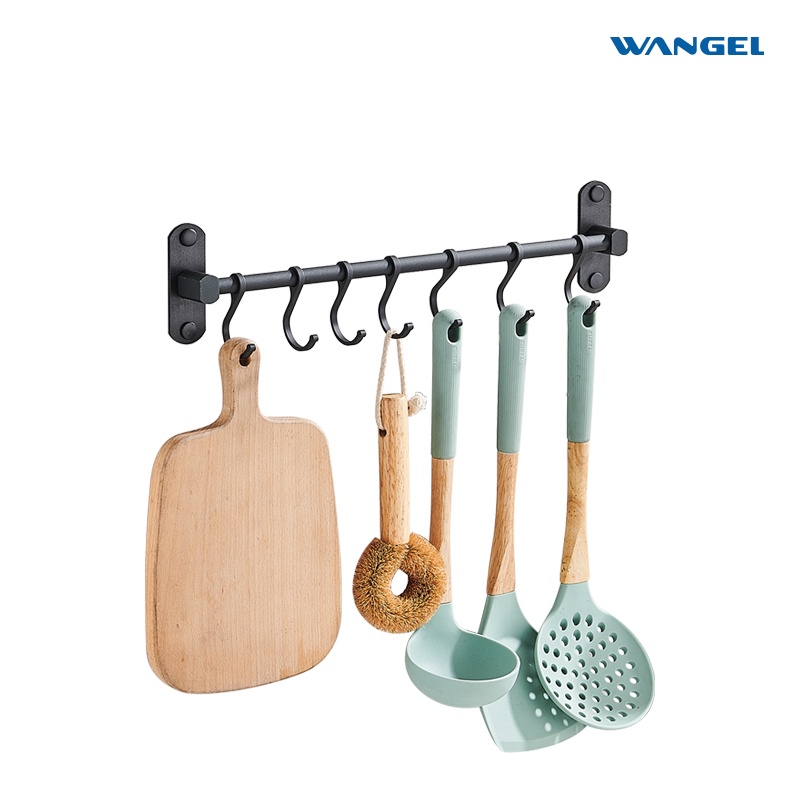 Wangel aluminum alloy kitchen bar wall bar 40cm adhesive hanging rod, used for kitchen utensils, with 6 hooks, for bathroom, bedroom, two installation options, black