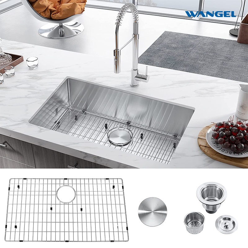 Wangel Undermount Kitchen Sink Single Bowl Kitchen Sink Undermount Stainless Steel Handmade Bar Sink with Basket Strainer(Brushed)